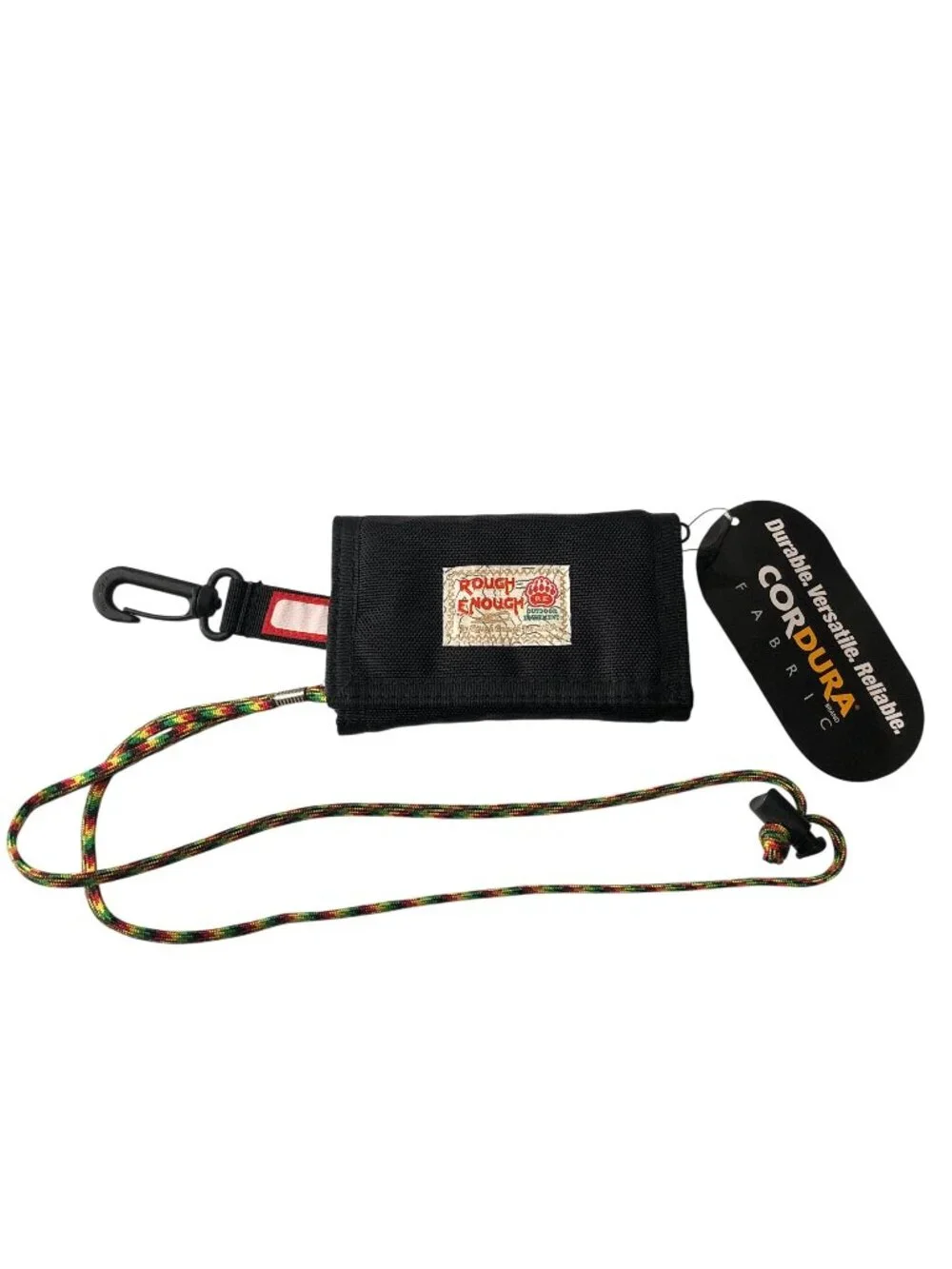 Rough Enough Black Trifold Wallet Cordura Fabric Detachable Lanyard